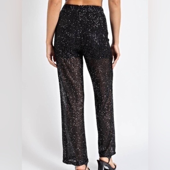 Black Sequin High-Waisted Mesh Pants - Picture 8 of 8